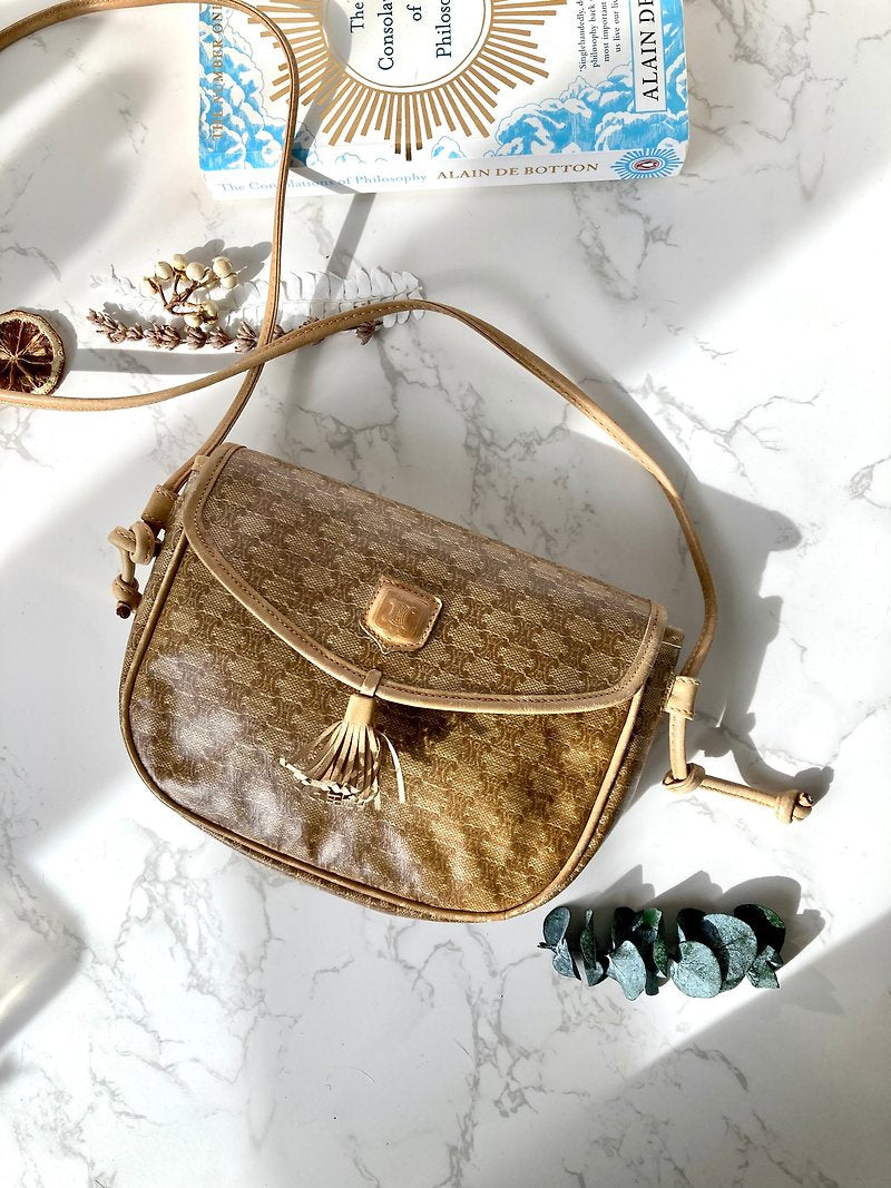 CELINE Brown Old Flower Leather Tassel Bobby Small Bag/Side Bag/Messenger Bag