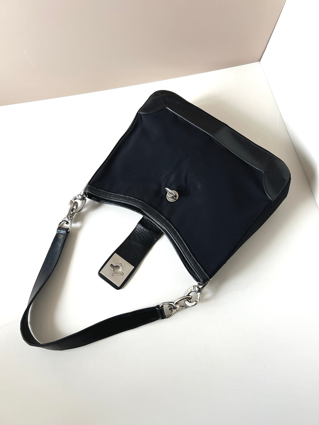 CELINE rare black silver ring patchwork leather Blason side backpack / shoulder bag