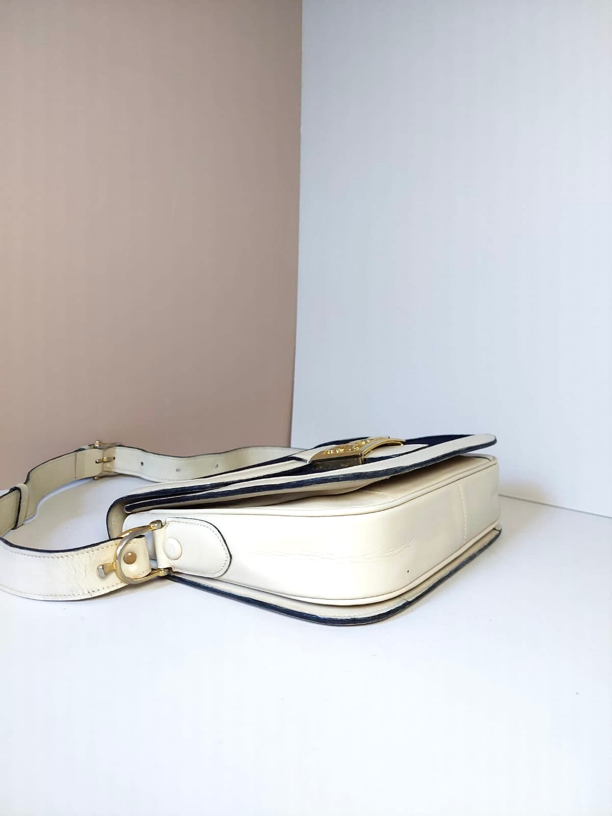 CELINE rare navy blue and white carriage gold buckle side bag