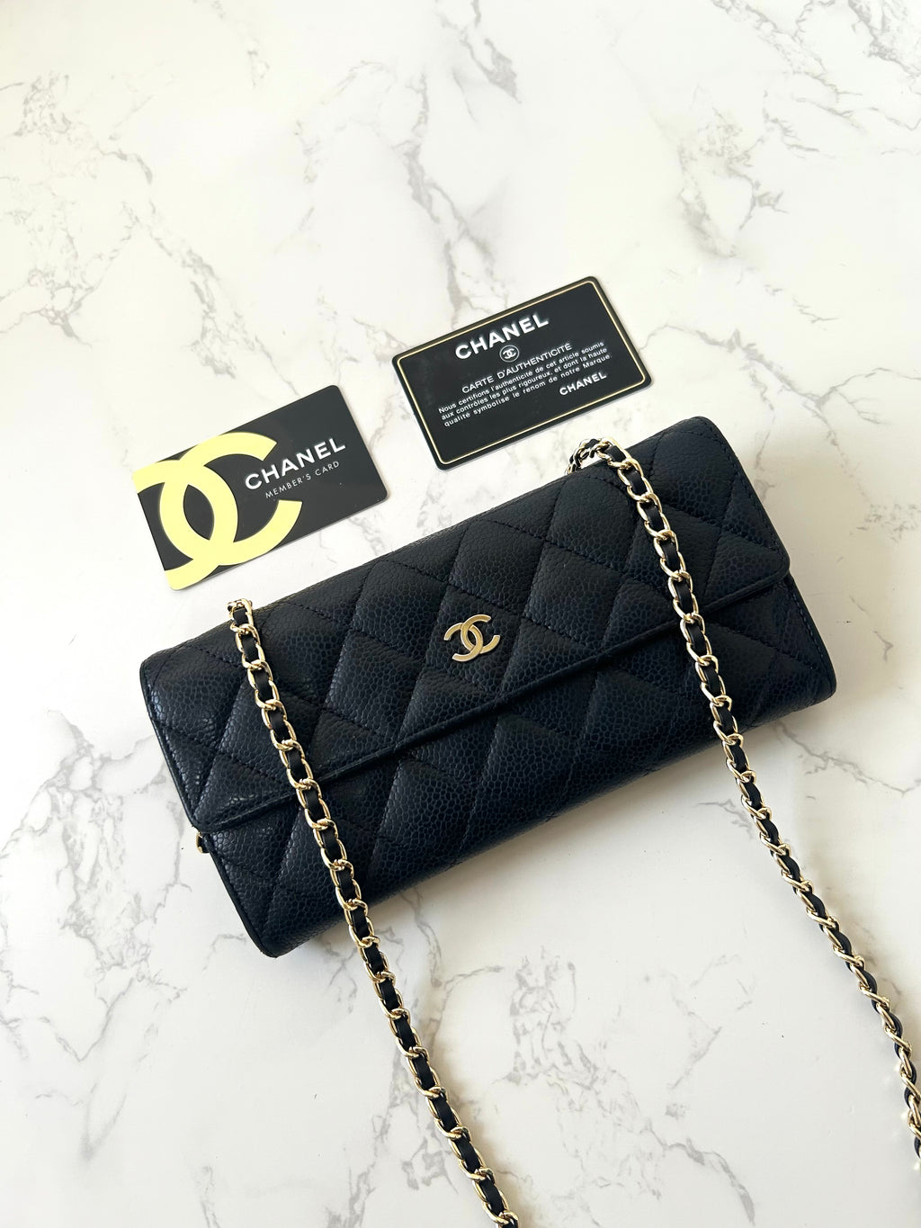 CHANEL Black Gold Caviar Leather WOC Side Bag/Messenger Bag/Long Wallet