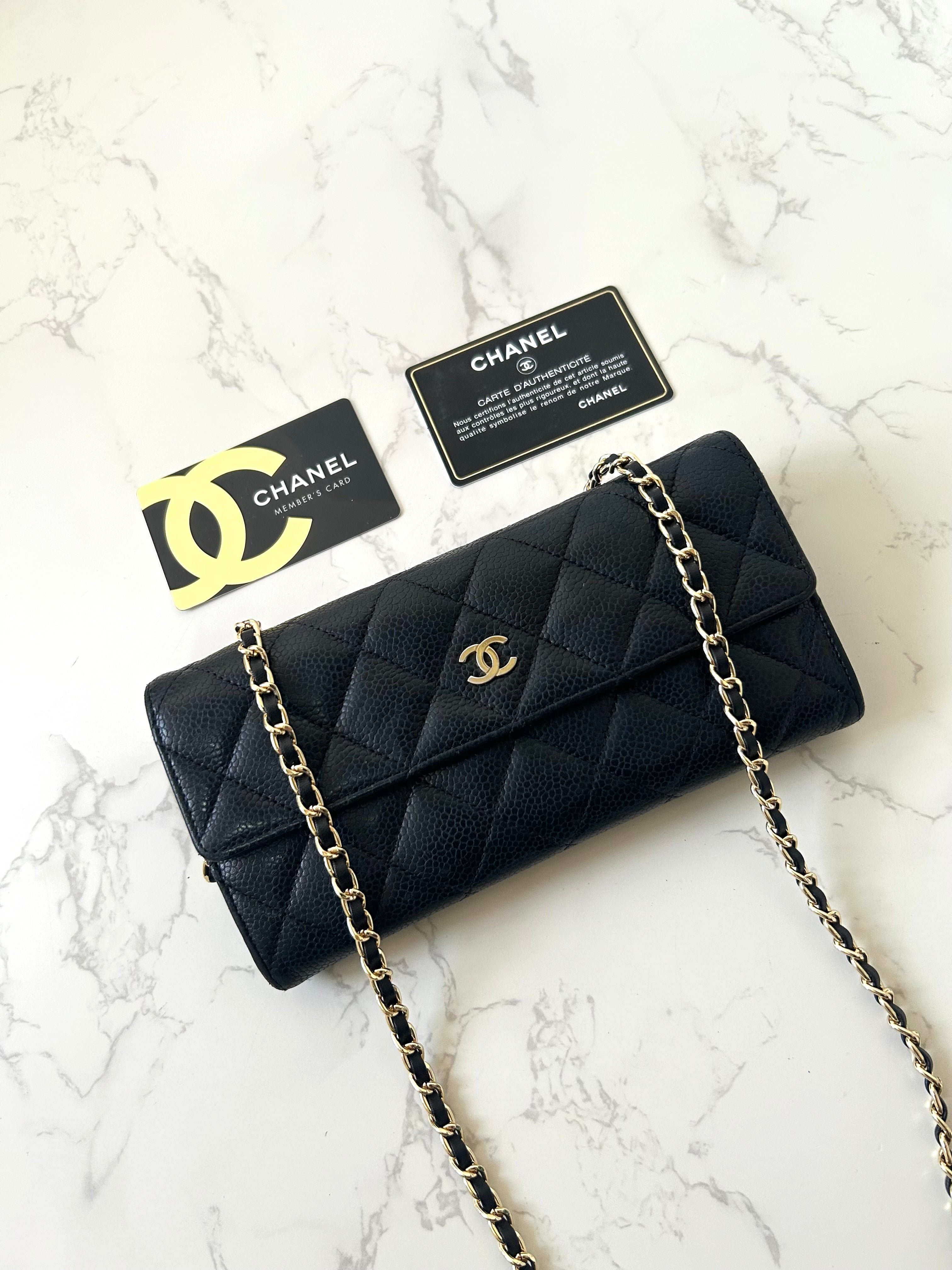 CHANEL Black Gold Caviar Leather WOC Side Bag/Messenger Bag/Long Wallet