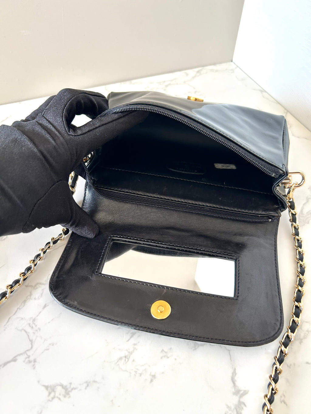 CHANEL Rare Black Patent Leather WOC with Mirror / Side Bag / Crossbody Bag