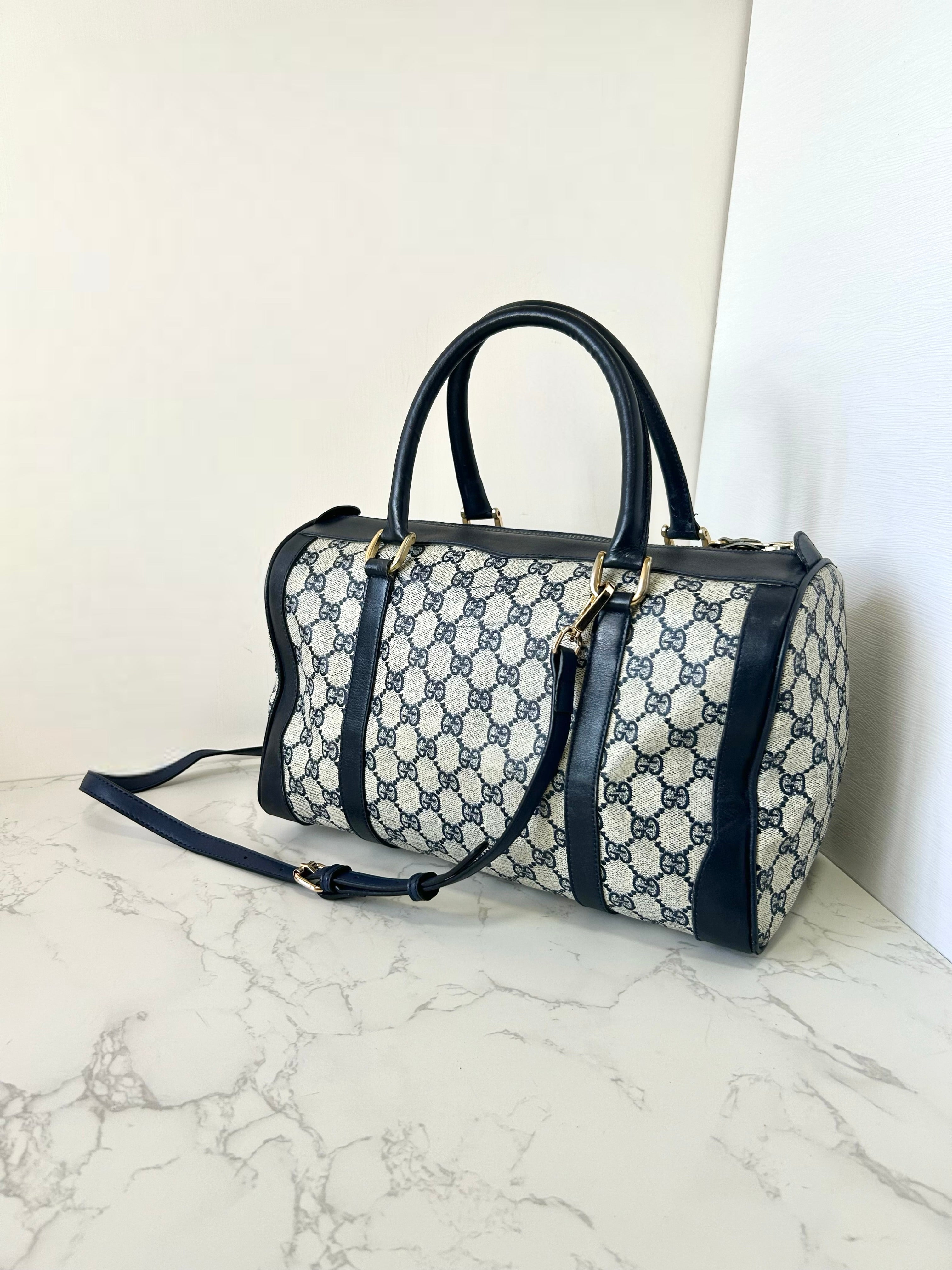 GUCCI rare blue and black old flower leather Boston bag / side bag / oblique bag
