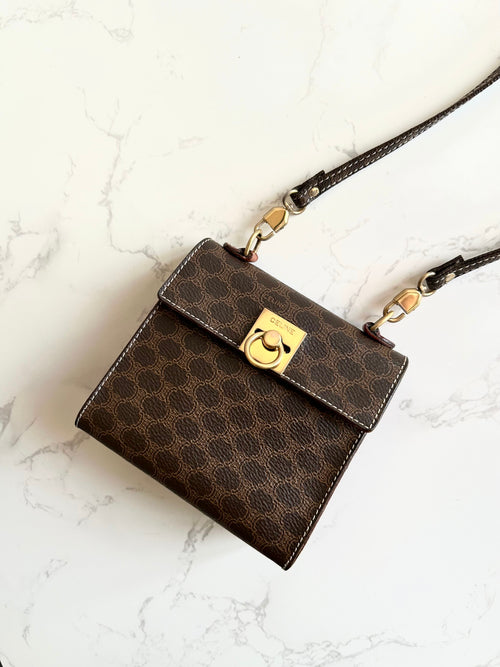 CELINE 極稀有咖啡色老花Mini Kelly (連原裝凱旋門老花肩帶）側背包/斜背包