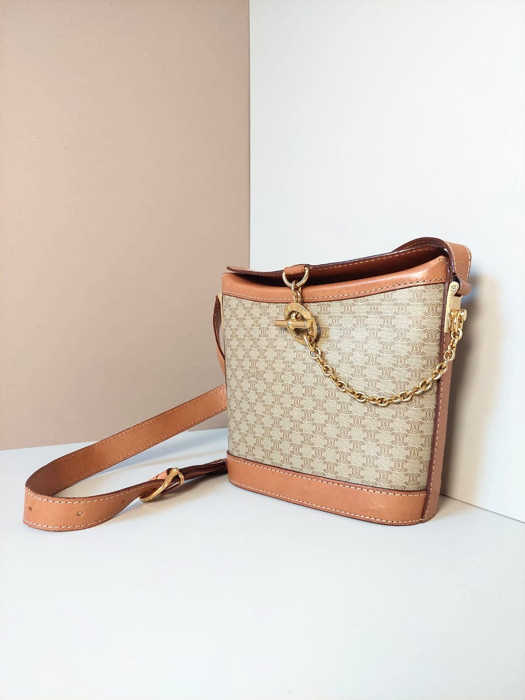 CELINE rare beige brown old flower golden ring potato chips small bag/side bag/oblique bag