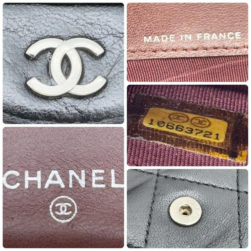 CHANEL 黑色經典銀標羊皮皮革長夾/錢包