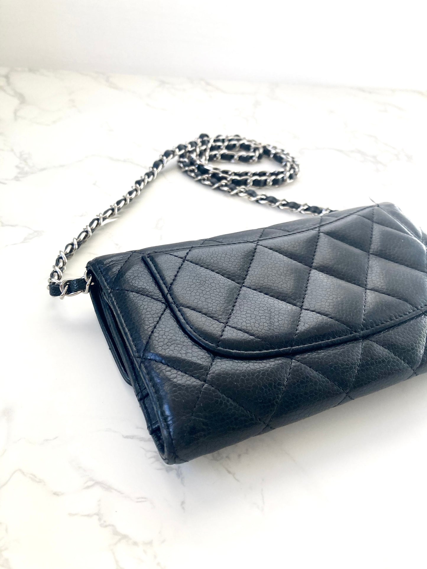 CHANEL Black Caviar Leather Classic Flap Wallet-on-Chain WOC (Add-on Chain)