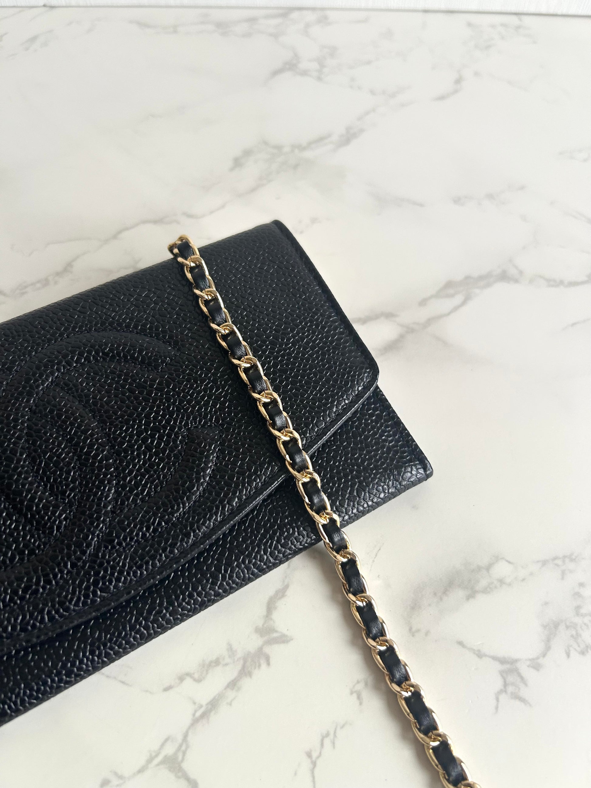 中古二手Chanel黑色魚子醬皮革WOC/側背包/斜背包/錢包