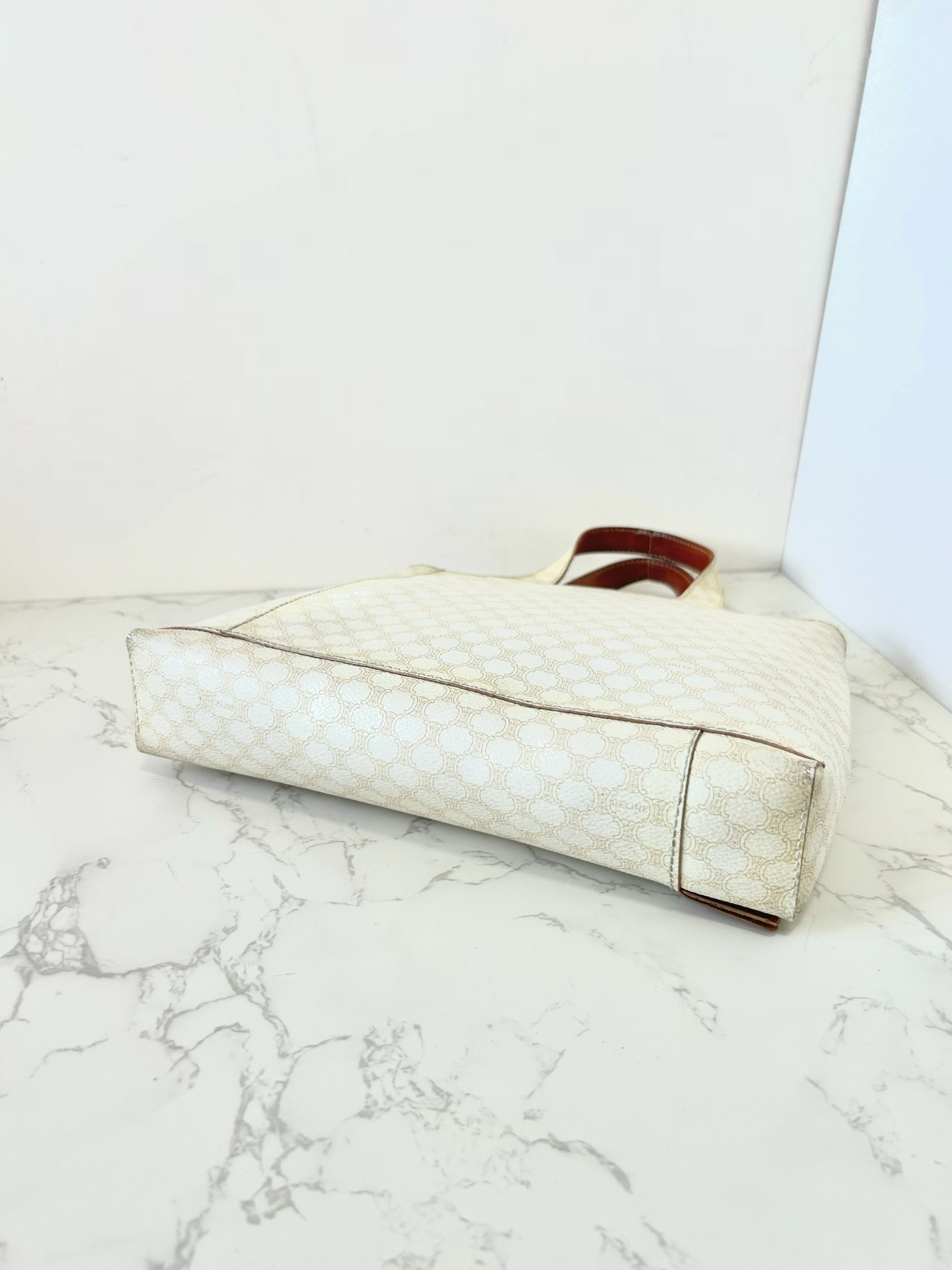 CELINE rare white old flower leather tote bag / handbag