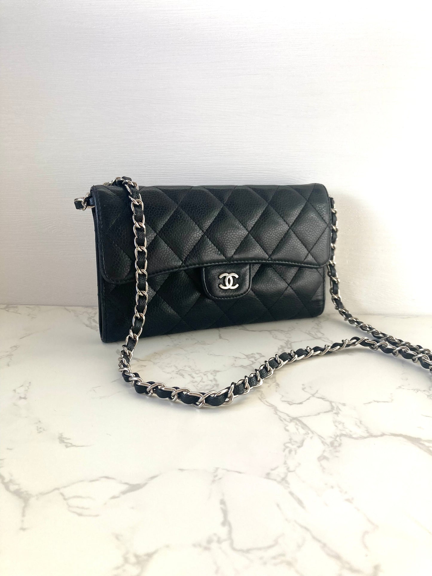 CHANEL Black Caviar Leather Classic Flap Wallet-on-Chain WOC (Add-on Chain)