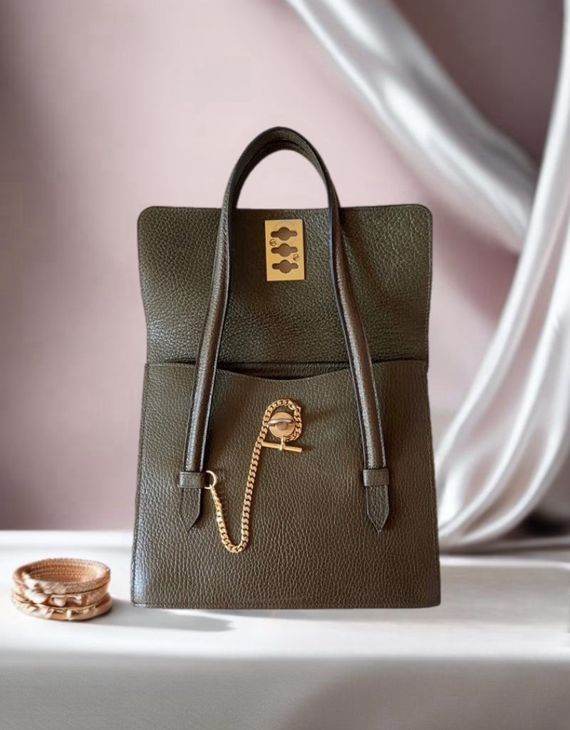 CELINE rare olive green gold tuo watch chain leather Kelly handbag / side bag