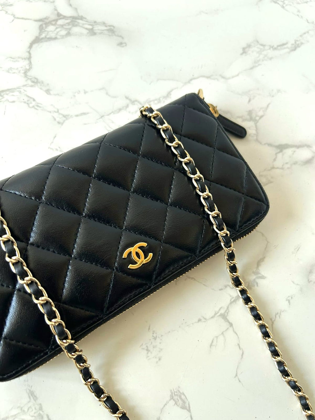 CHANEL black and gold lambskin WOC/wallet/side bag/crossbody bag