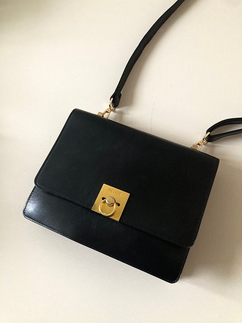 CELINE rare black gold buckle cowhide leather box small bag/side backpack/crossbody bag/underarm bag