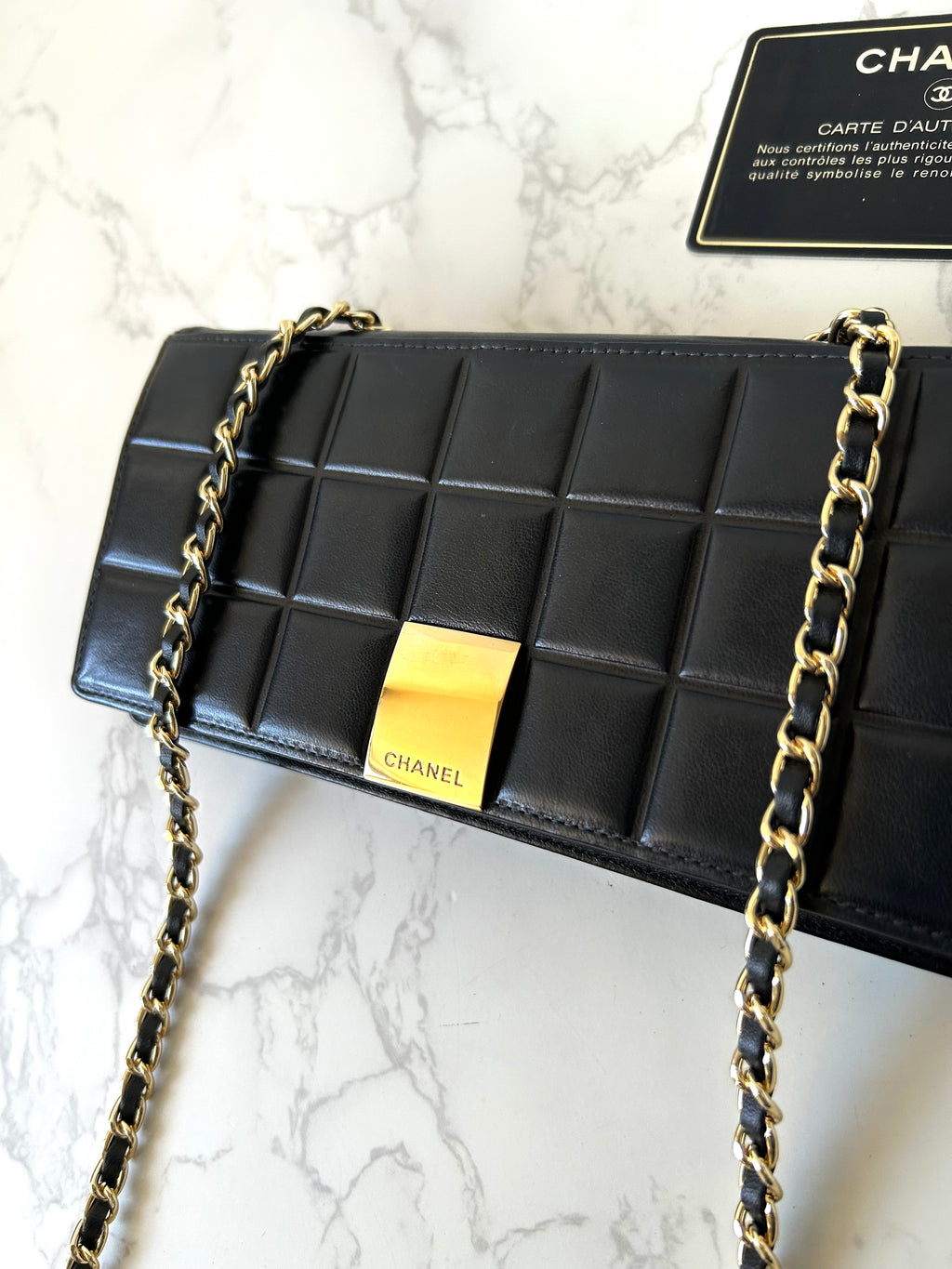 CHANEL 黑色冰格金扣WOC長錢包/斜背包/側背包