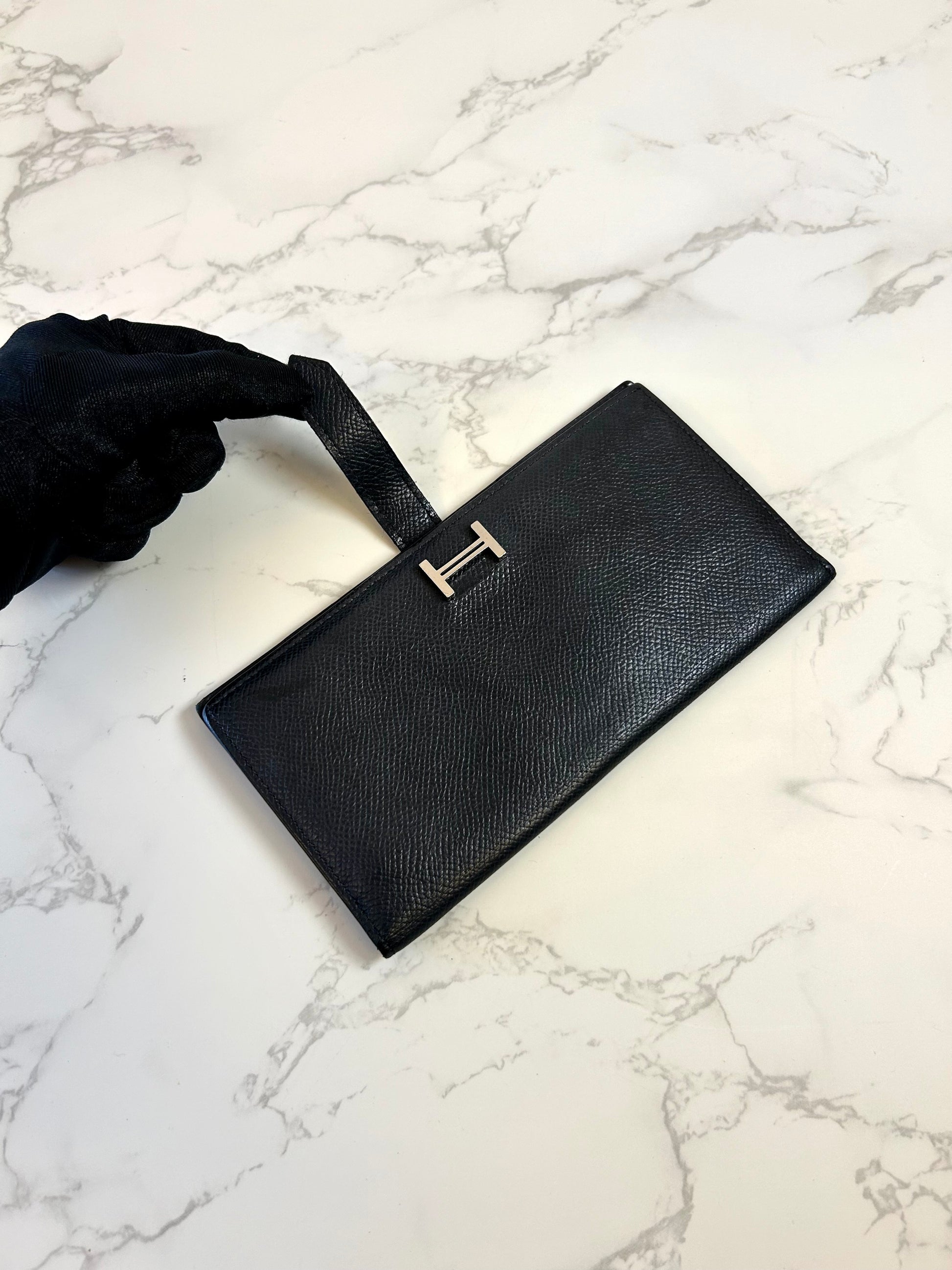 HERMES Bearn Black Silver Buckle Lambskin Leather Long Wallet/Wallet