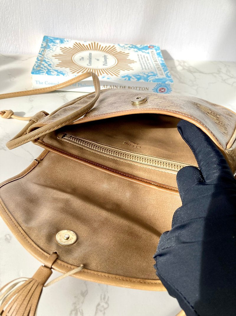 CELINE Brown Old Flower Leather Tassel Bobby Small Bag/Side Bag/Messenger Bag