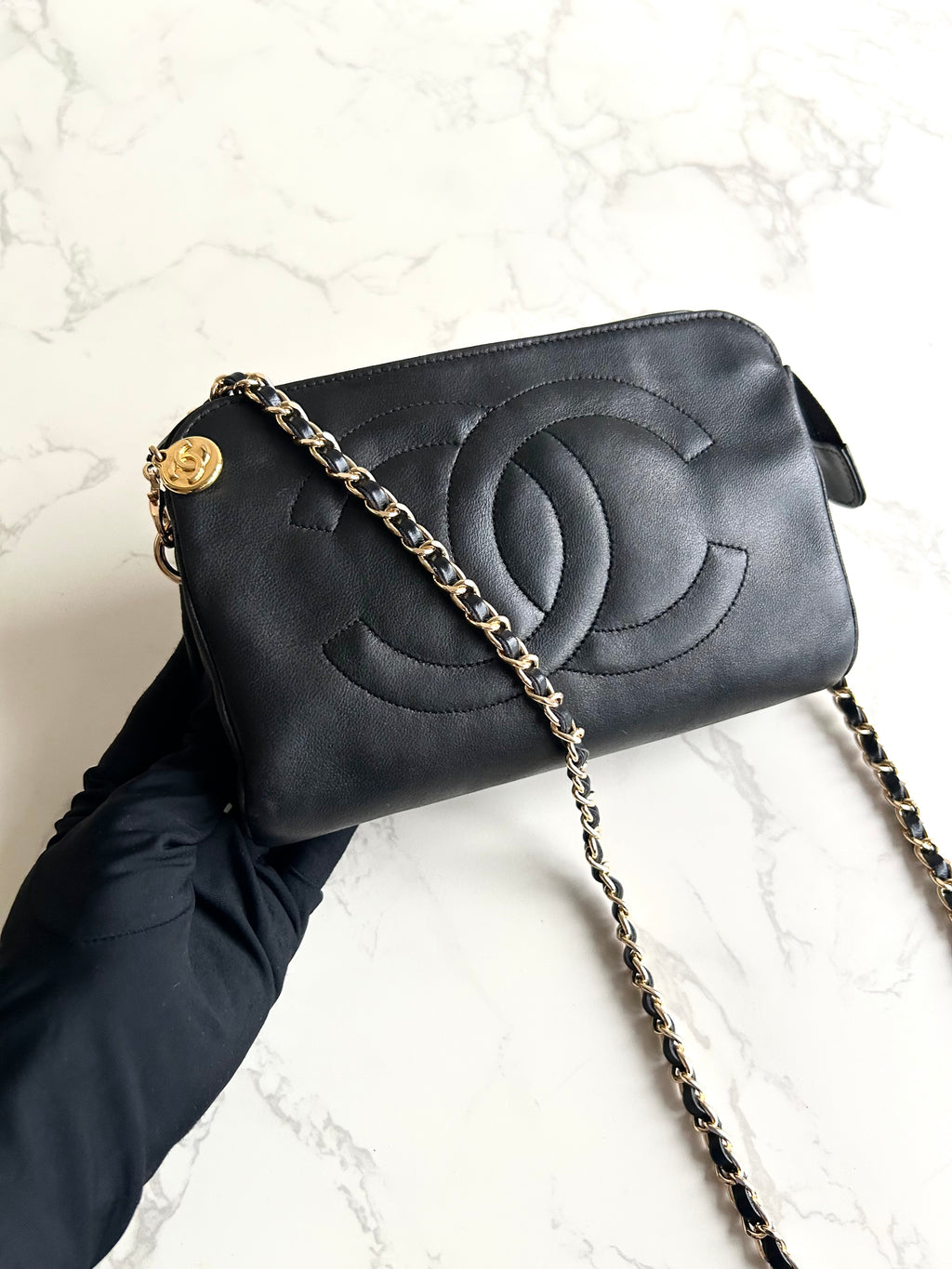 Chanel 黑色小羊皮革Cocomark斜背包/單肩包/側背包