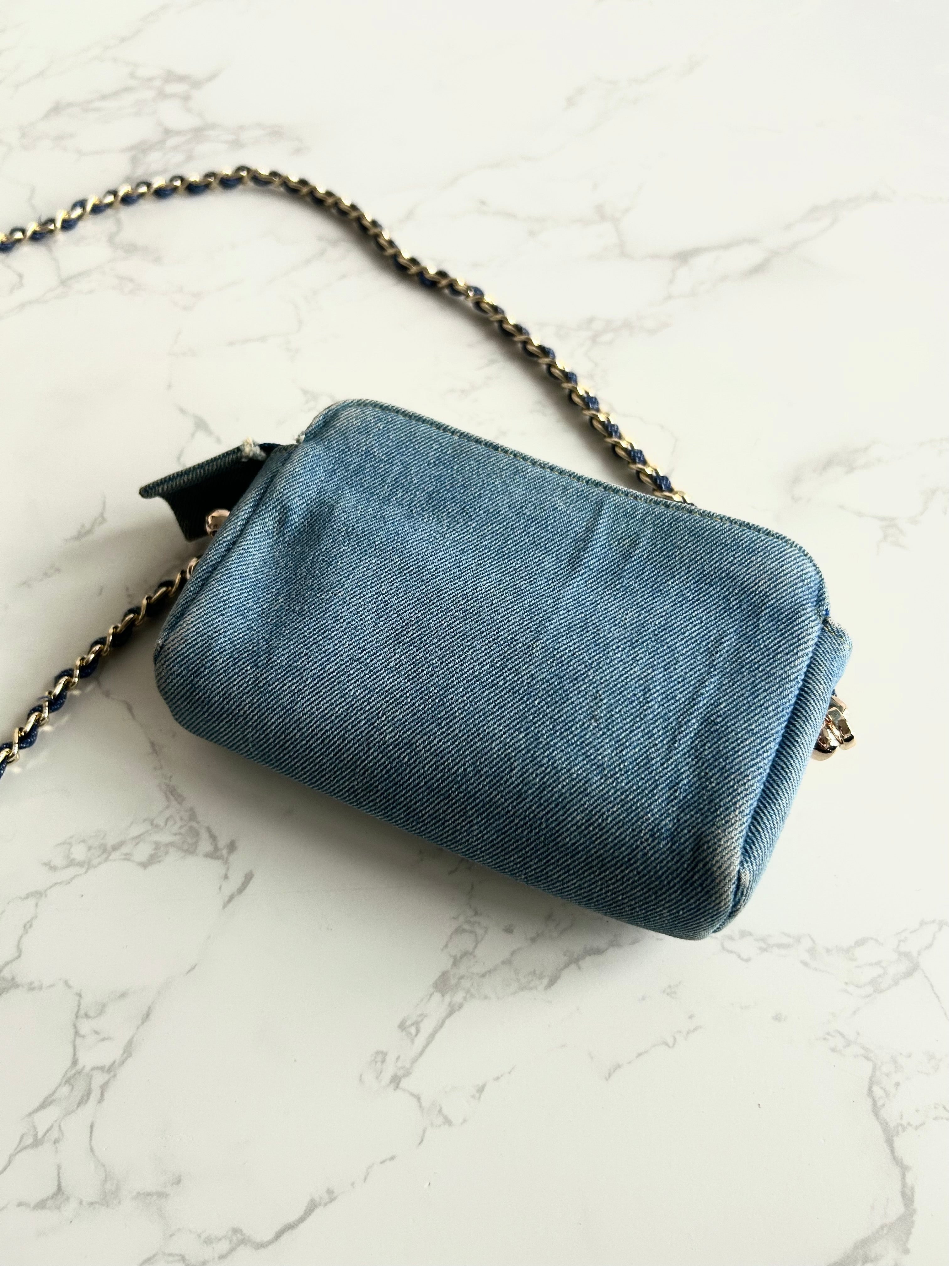 Extremely Rare Used Chanel Two-Way Topstitched Denim Bag Shoulder Bag Crossbody Bag