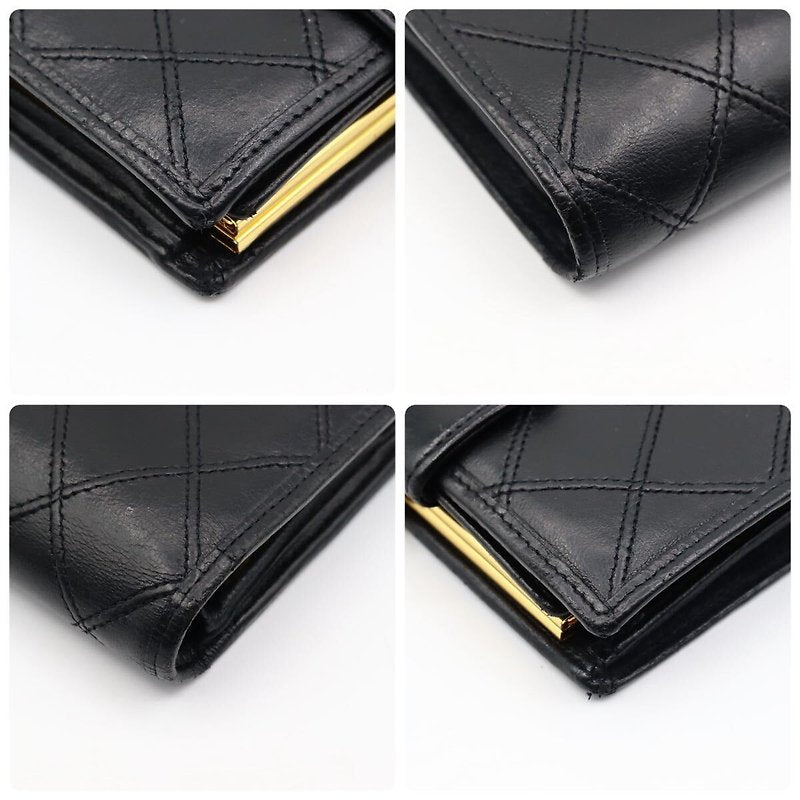CHANEL rare black lambskin leather large gold buckle gold label short wallet / wallet