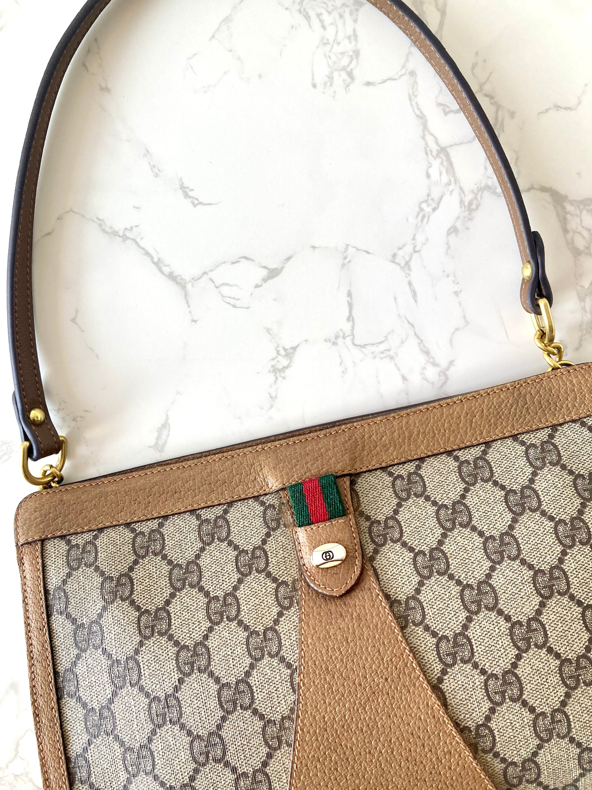 GUCCI Brown Monogram Horseshoe Two-way Shoulder Bag / Clutch