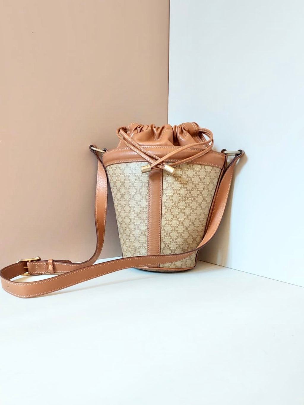 CELINE beige old flower leather drawstring bucket bag / side backpack