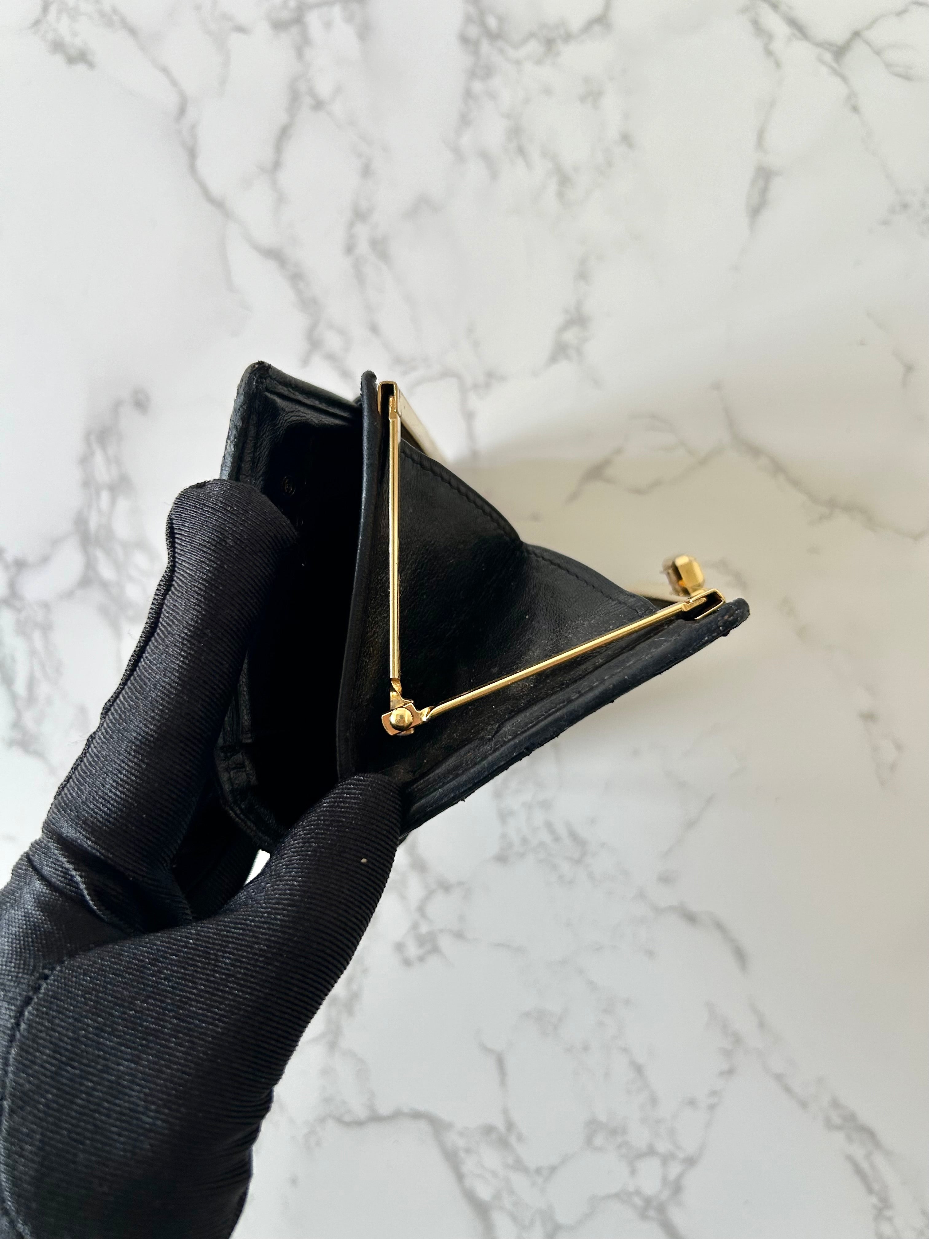 CHANEL rare black lambskin leather large gold buckle gold label short wallet / wallet