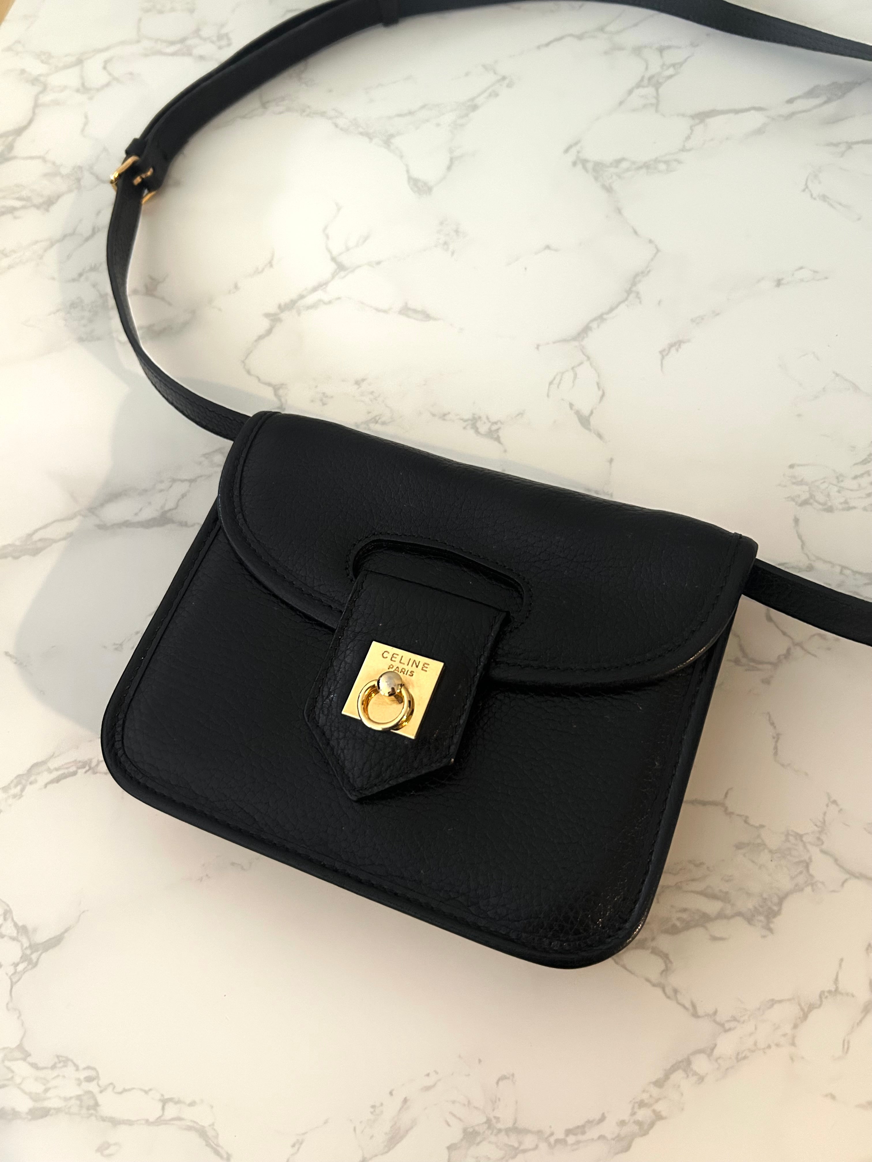 CELINE rare black gold buckle small box leather shoulder bag / crossbody bag