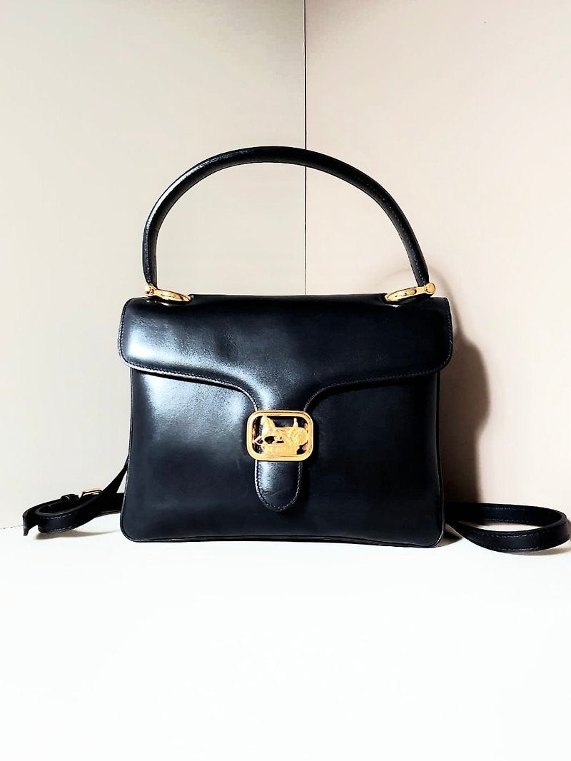 CELINE rare gold carriage black leather side bag / crossbody bag / handbag - Japanese second-hand Vintage