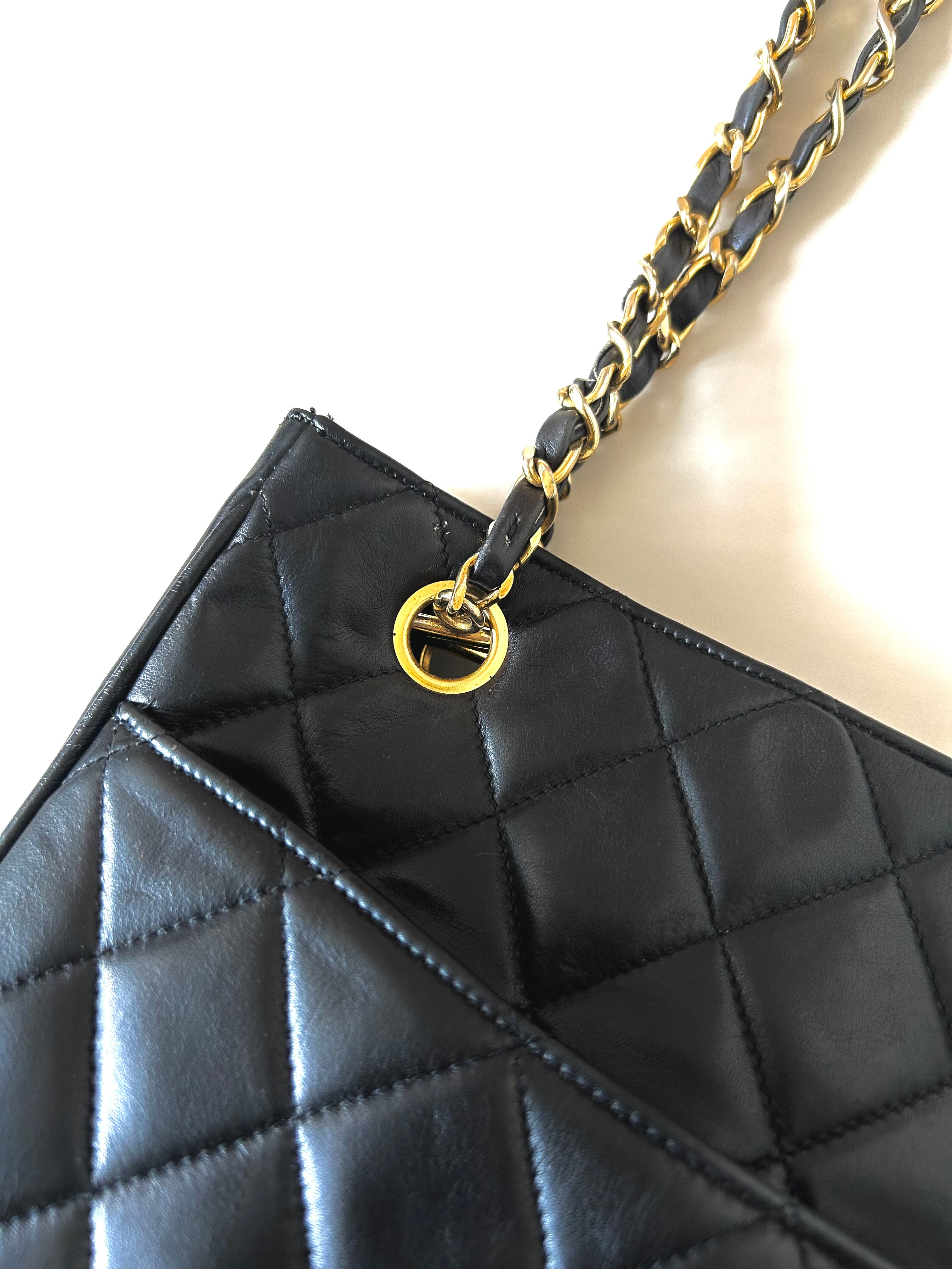 CHANEL Black Metalasse lambskin chain tote bag / side bag