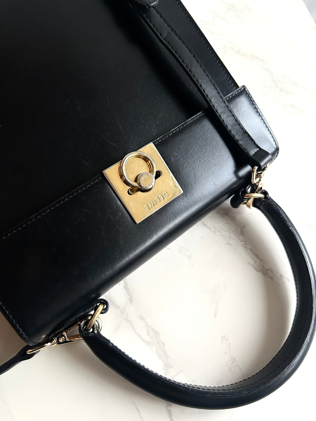 Celine Small Black and Gold Two-Way Kelly Bag Leather Crossbody Bag Shoulder Bag Handbag