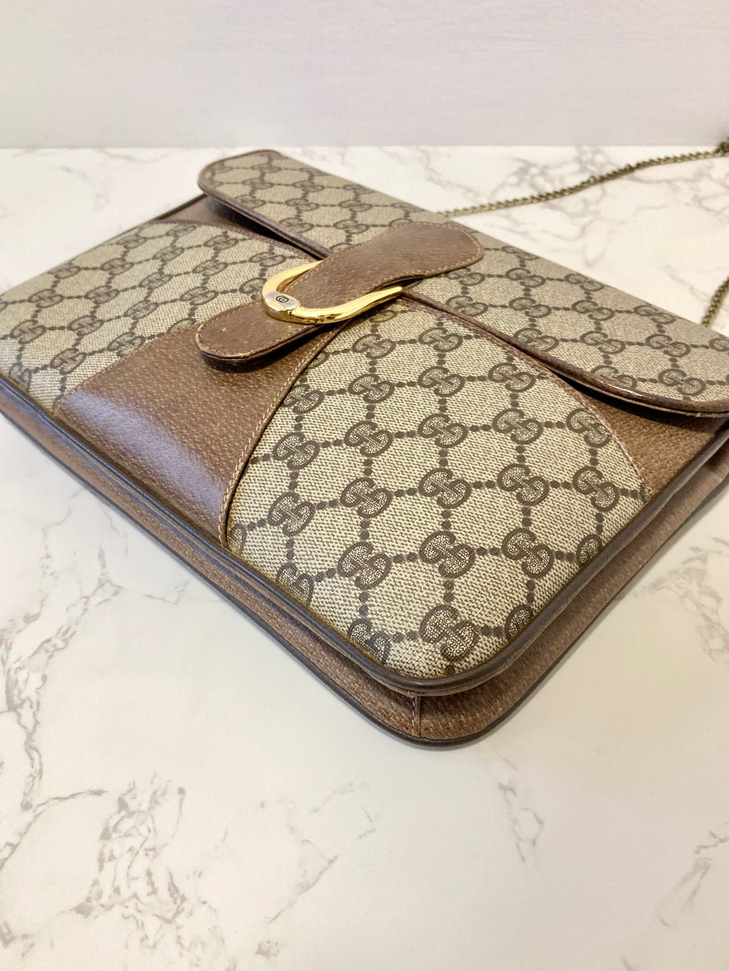 GUCCI Brown Monogram Horseshoe Shoulder Bag