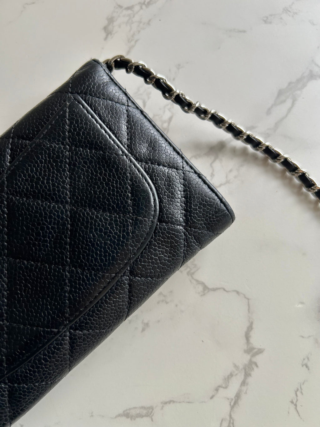 CHANEL Black Caviar Leather Long Wallet/Chain Side Bag/Slant Bag - Japanese Second-hand Vintage