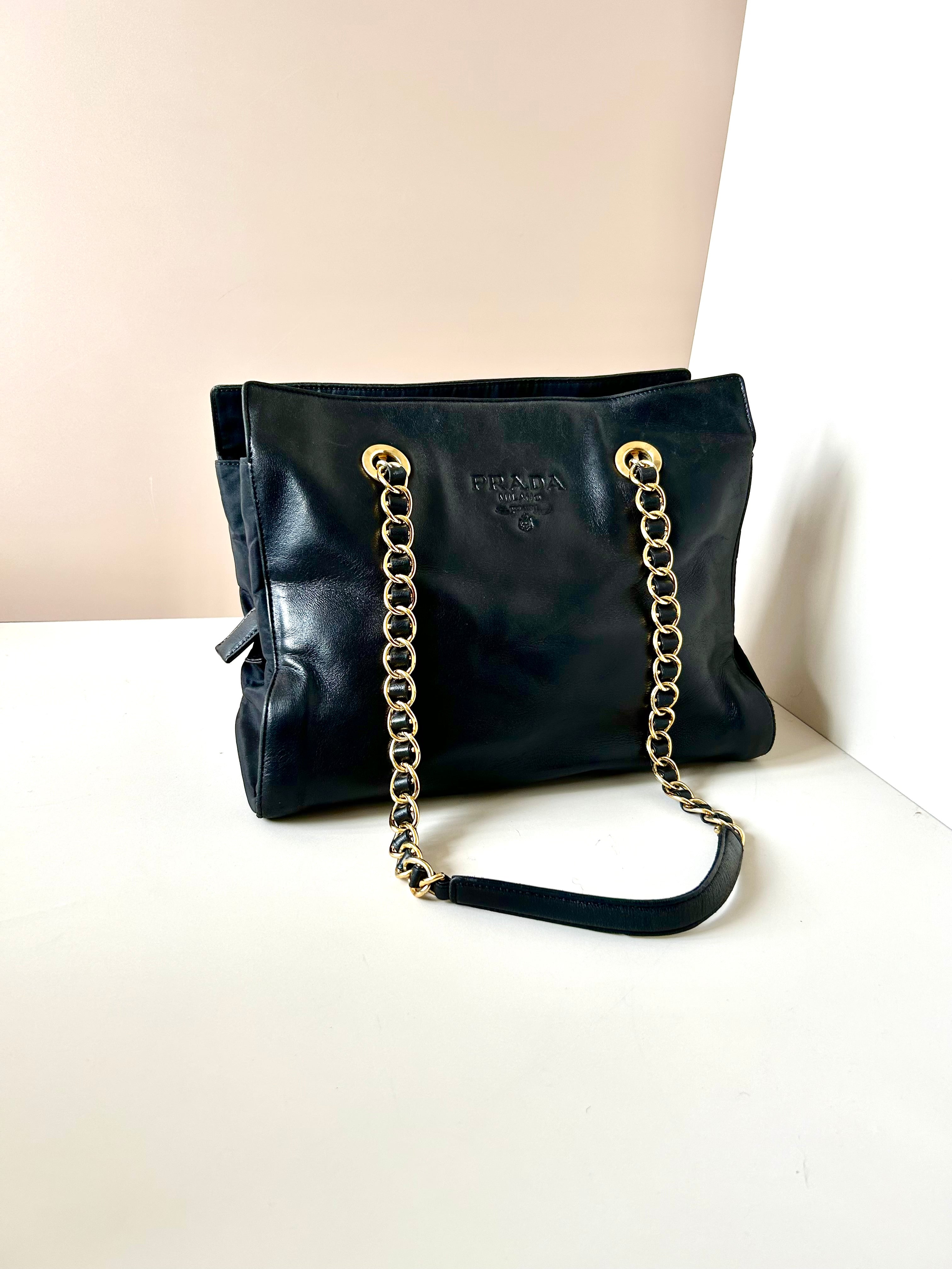PRADA rare black engraved gold chain tote shoulder bag / side bag