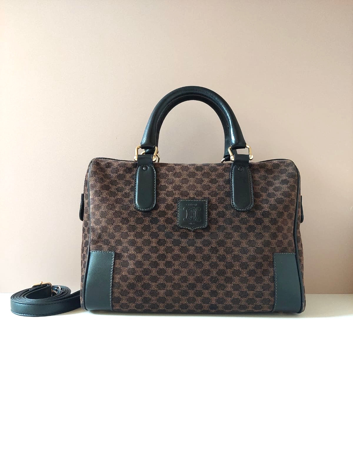 CELINE rare coffee color old flower leather Boston crossbody bag / side bag / handbag