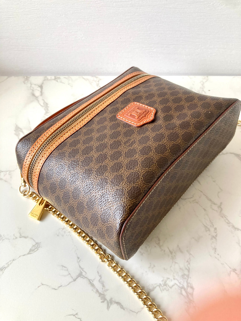 CELINE Brown Monogram Vanity Case / Crossbody Chain Bag