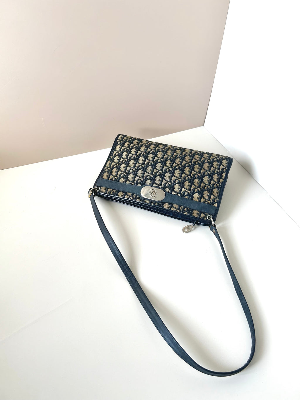 CHRISTIAN DIOR dark blue monogram shoulder bag/side bag/oblique bag
