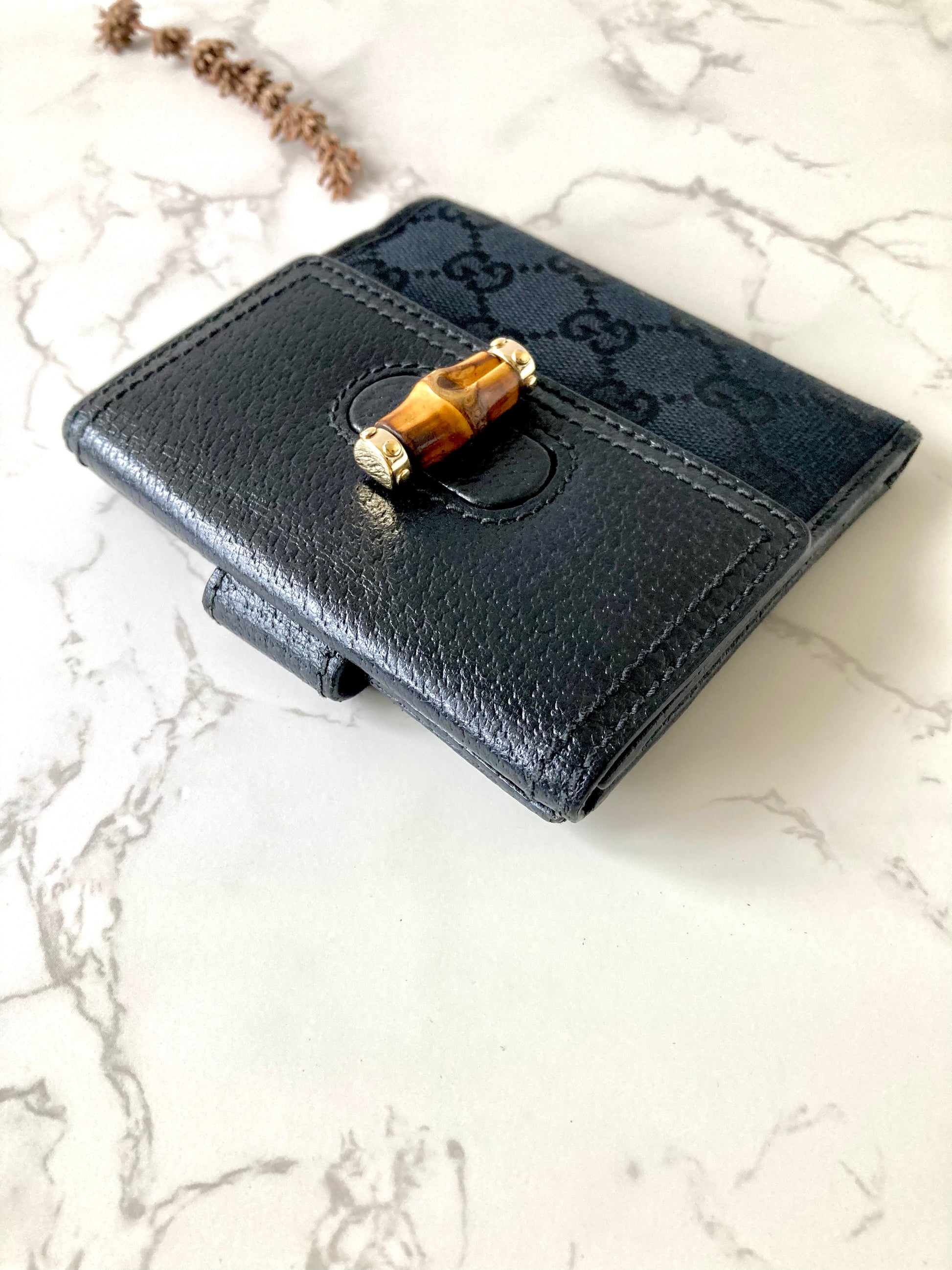 GUCCI Bamboo Black Monogram Compact Wallet