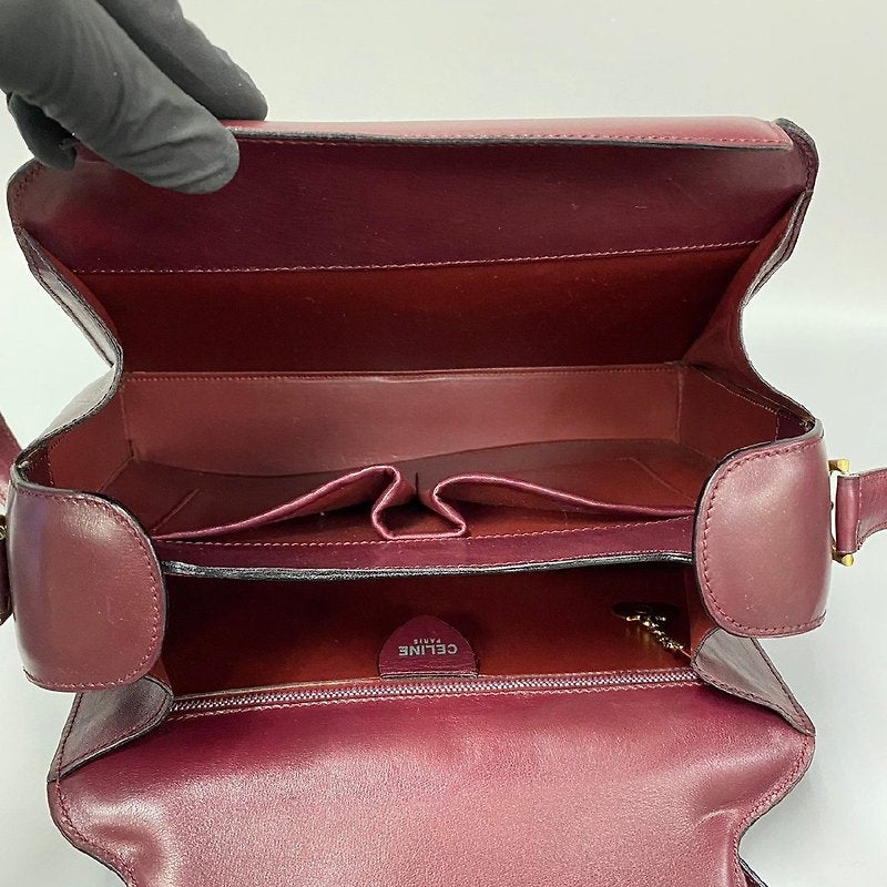 CELINE rare wine red double gold buckle leather box small bag/side backpack/underarm bag
