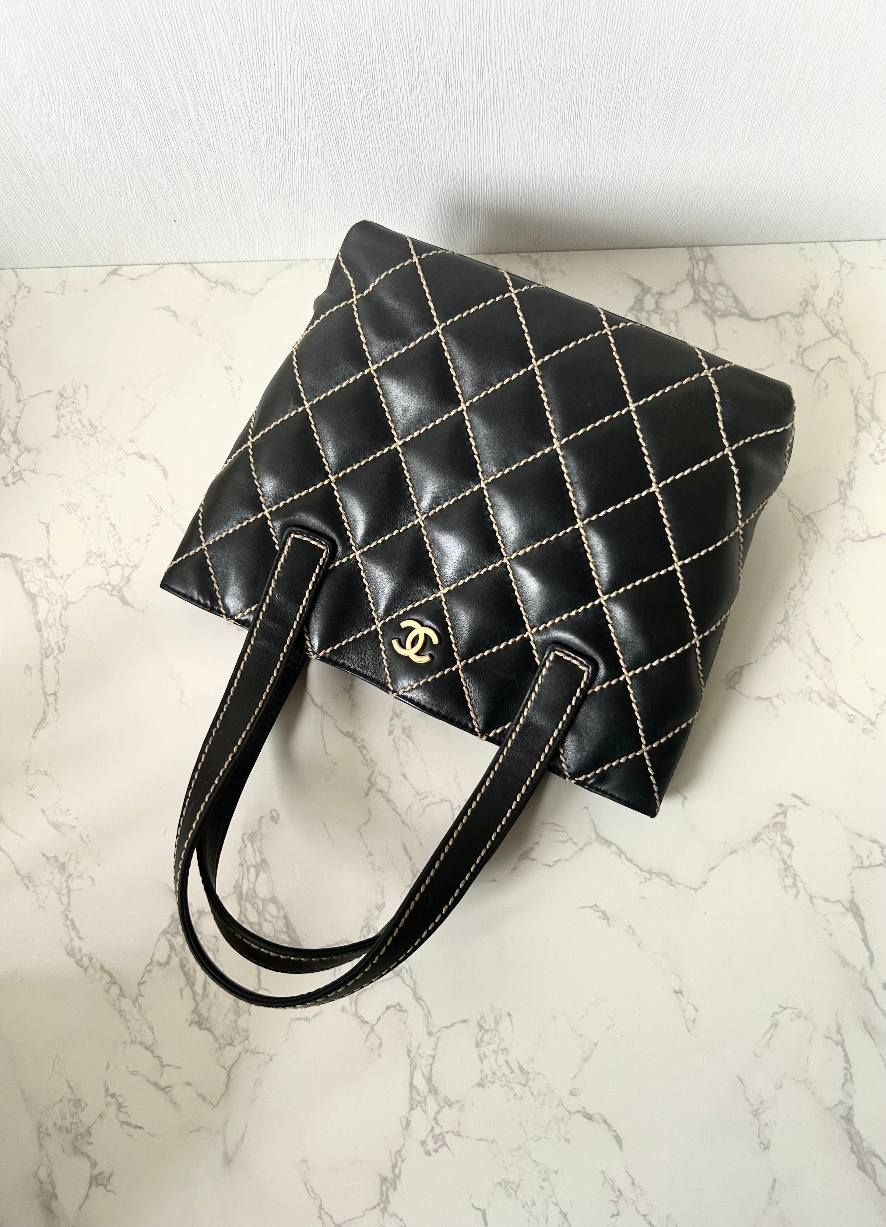 CHANEL Wild Stitch Vivian black gold label small tote bag / side bag
