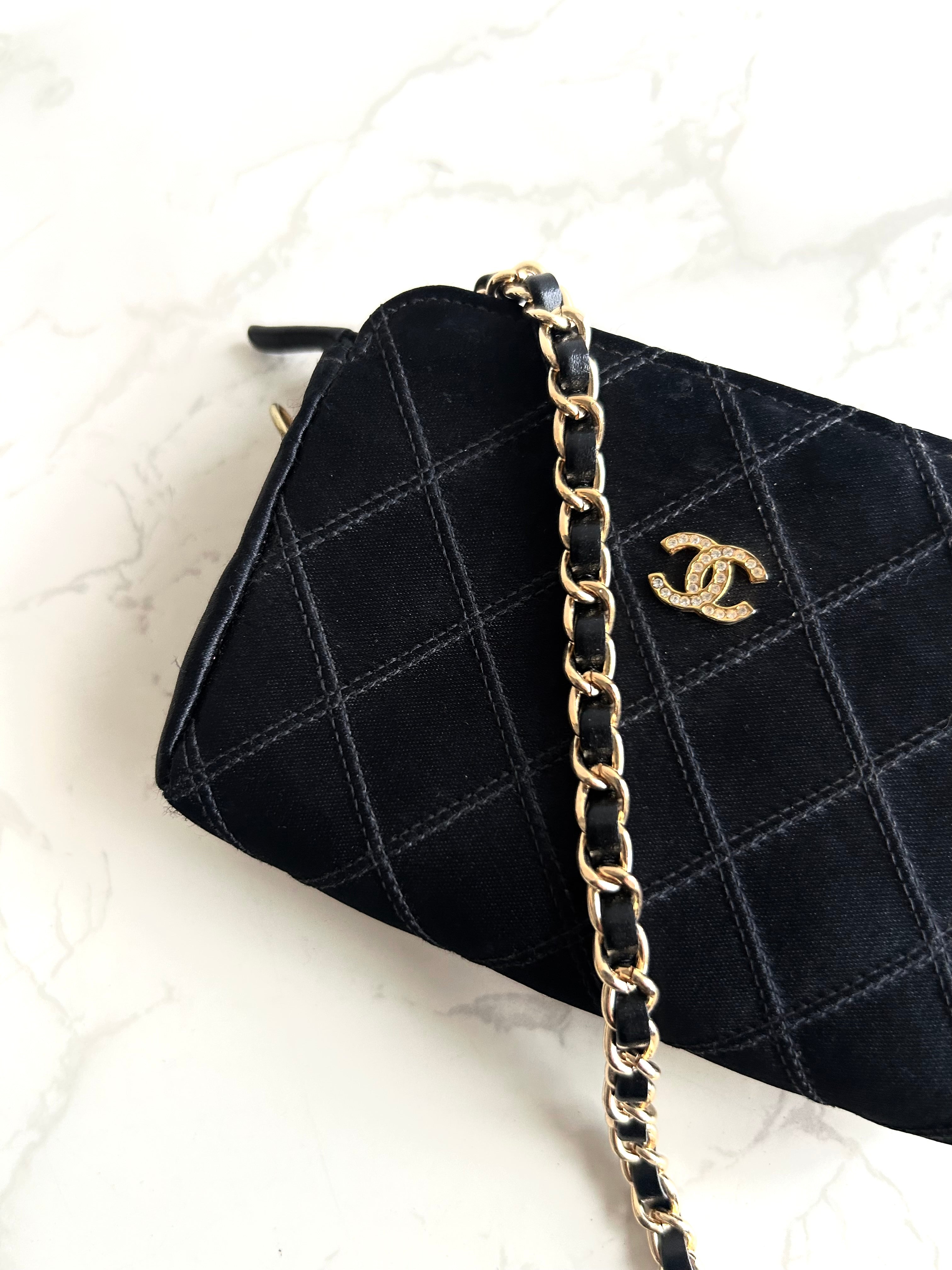 Rare Chanel Black and Gold Rhinestone Silk Bag/Shoulder Bag/Crossbody Bag