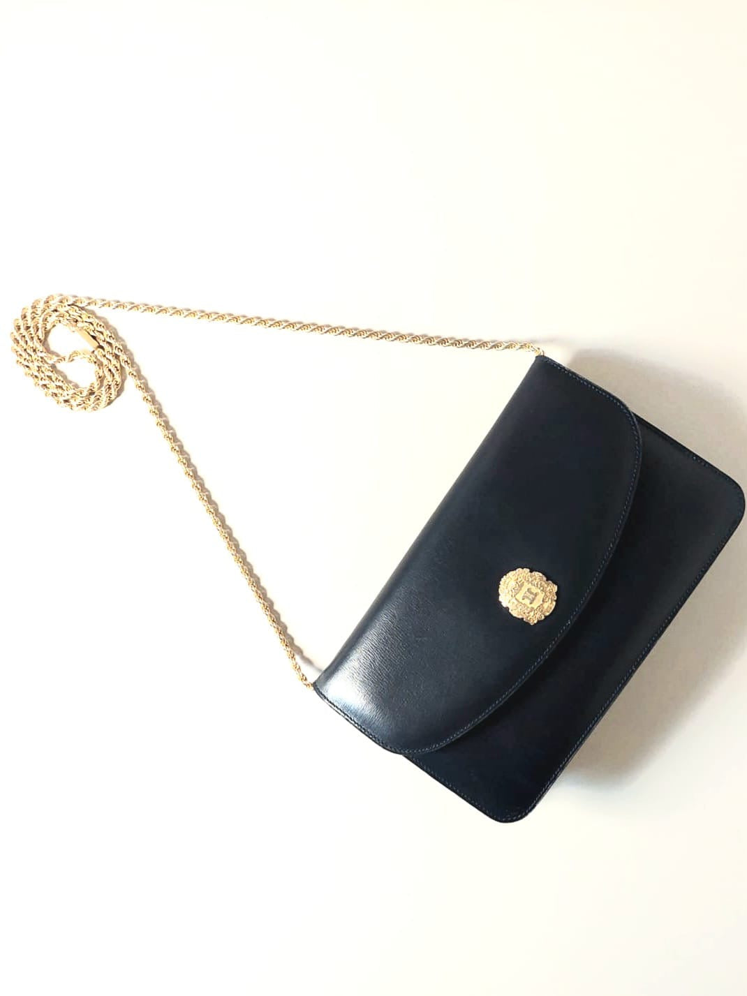 CELINE rare gold Arc de Triomphe badge dark blue leather small bag / side bag / oblique bag