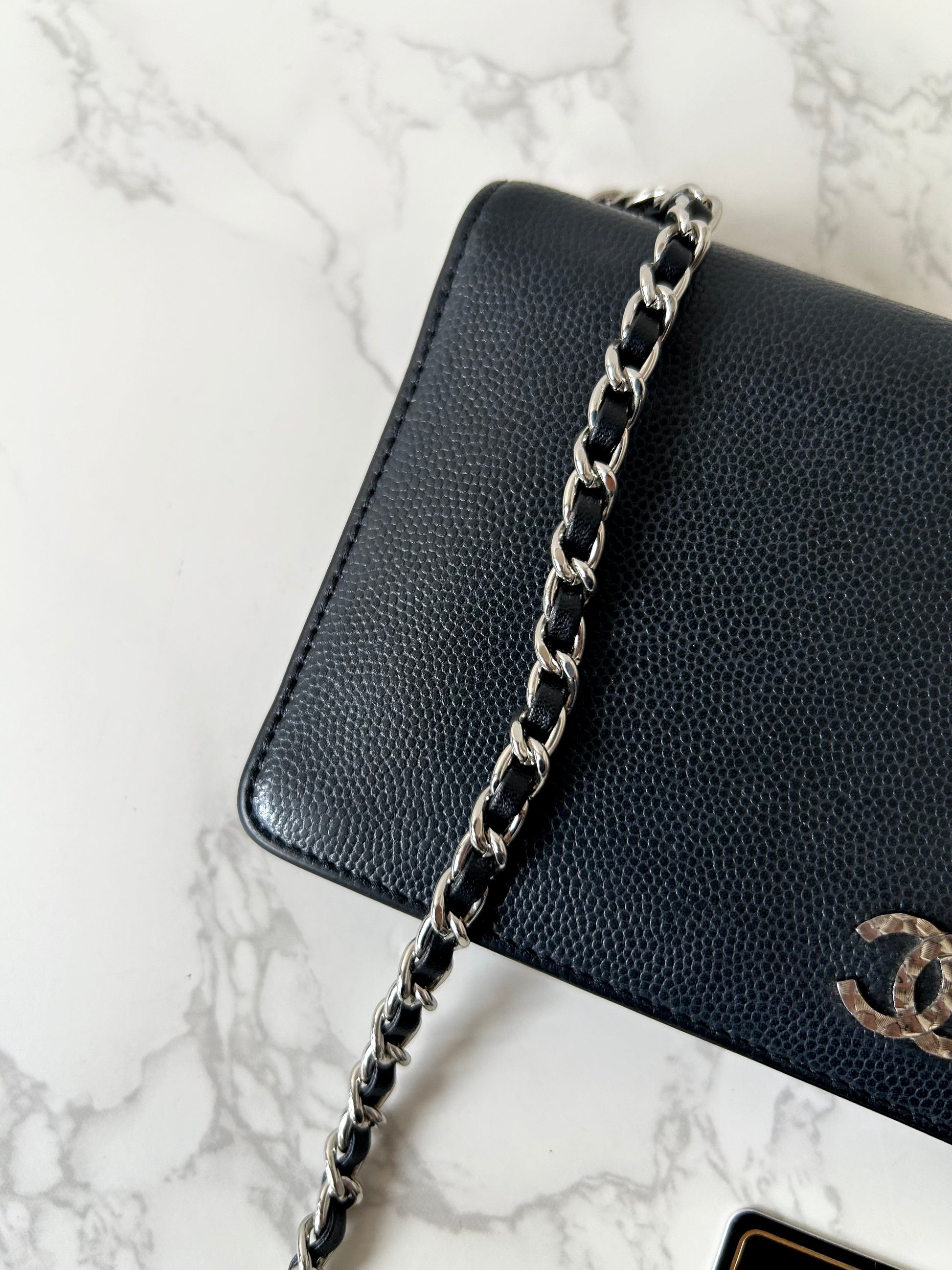 CHANEL Black Caviar Leather WOC Long Wallet / Side Bag / Crossbody Bag