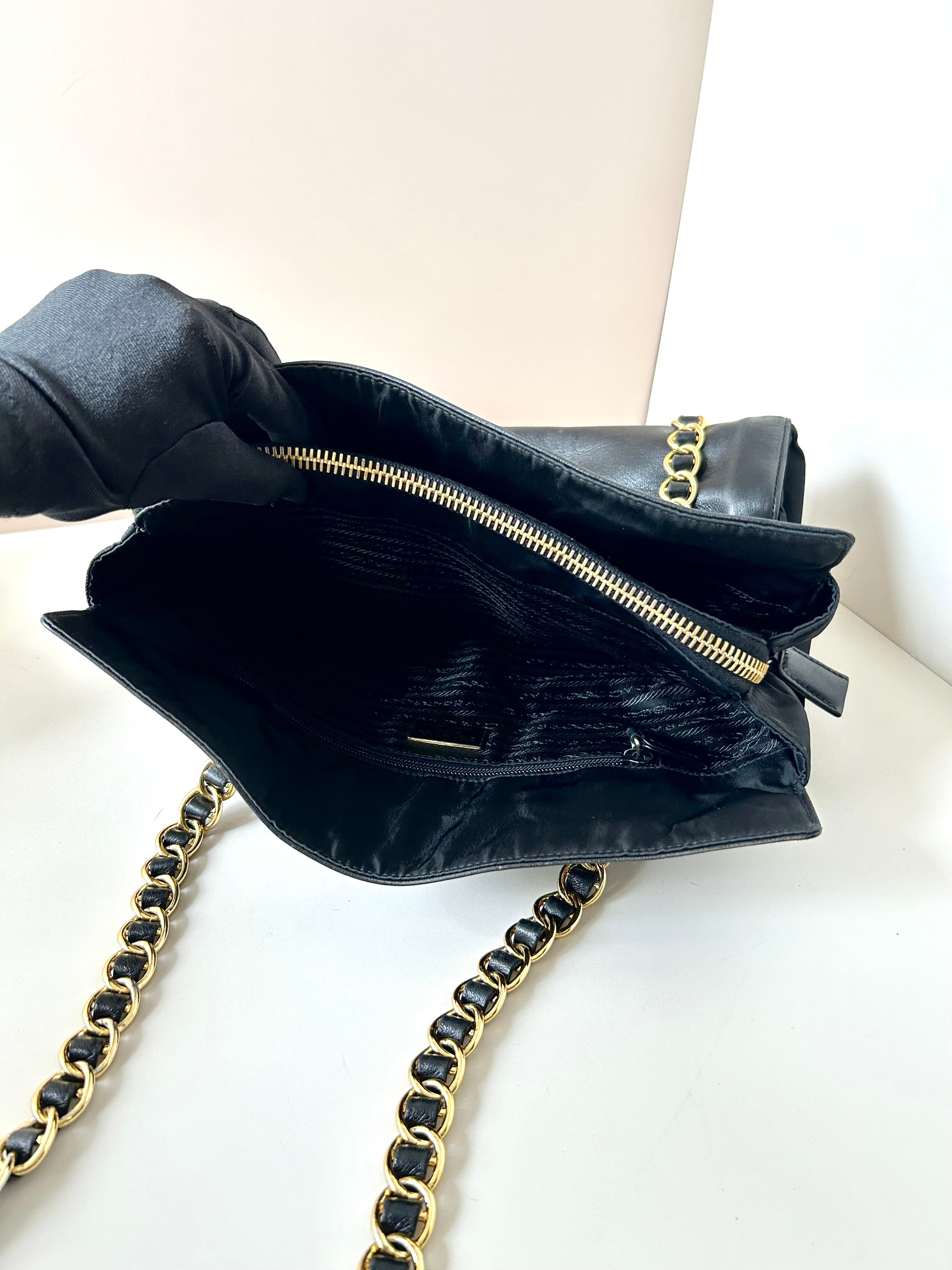 PRADA rare black engraved gold chain tote shoulder bag / side bag