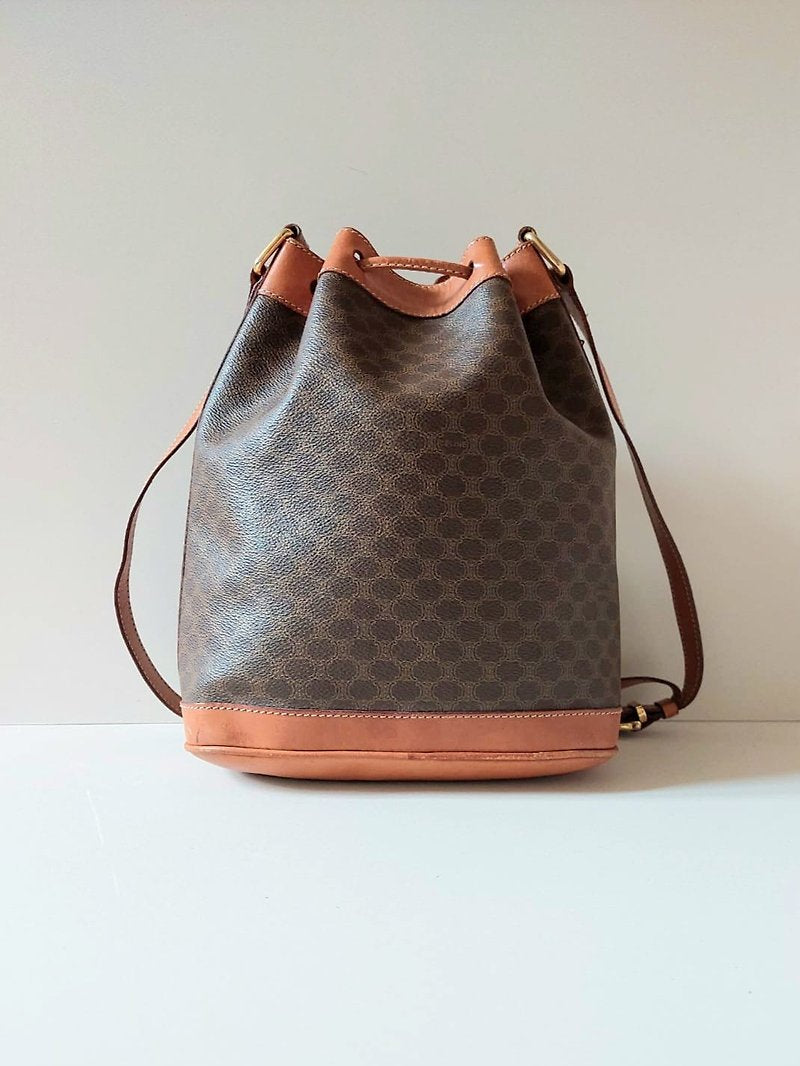 CELINE Brown Old Flower Leather Drawstring Bucket Side Backpack / Shoulder Bag