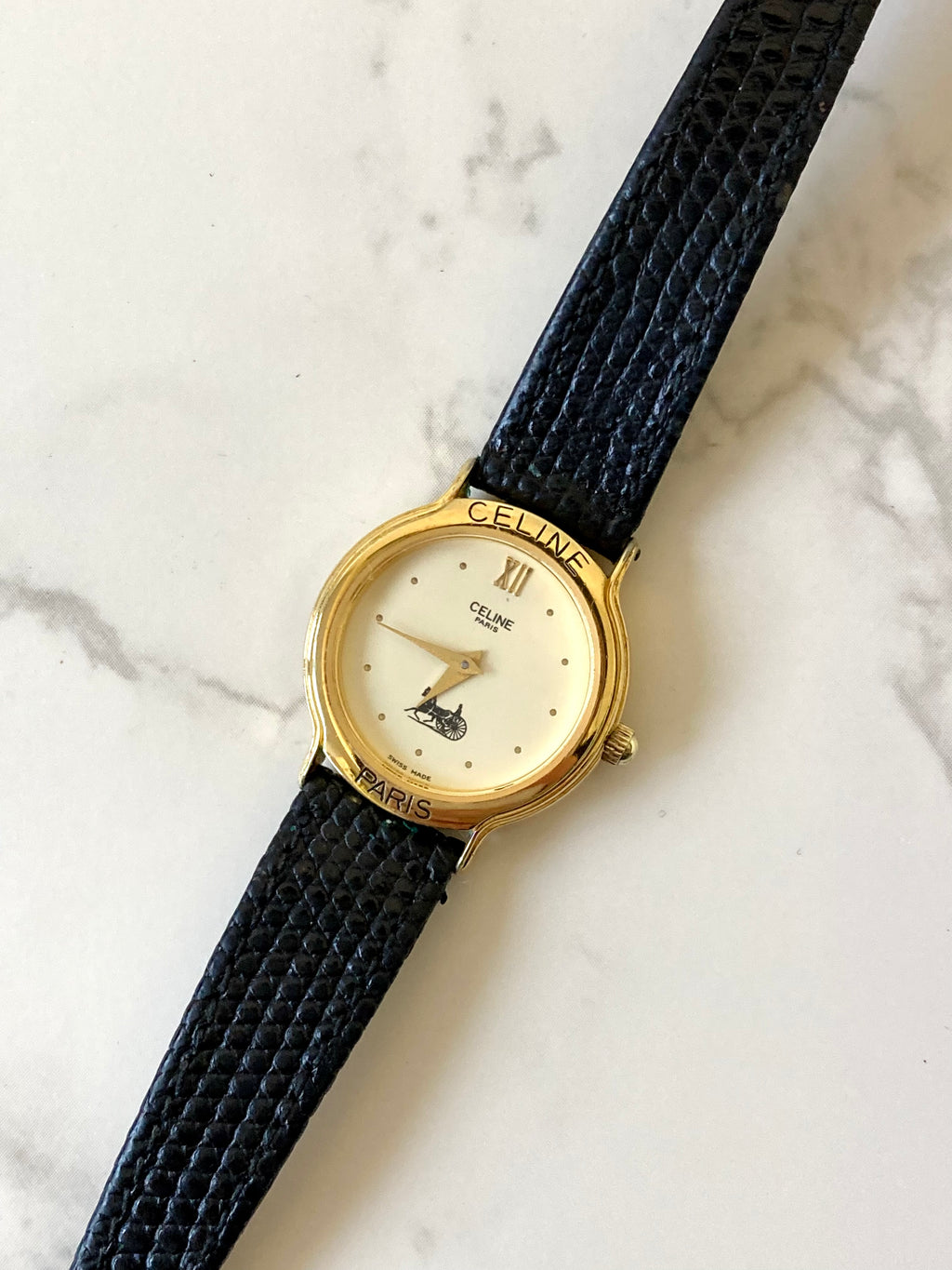CELINE Rare Horse Carriage Black x Gold Leather Lady's Quartz Watch
