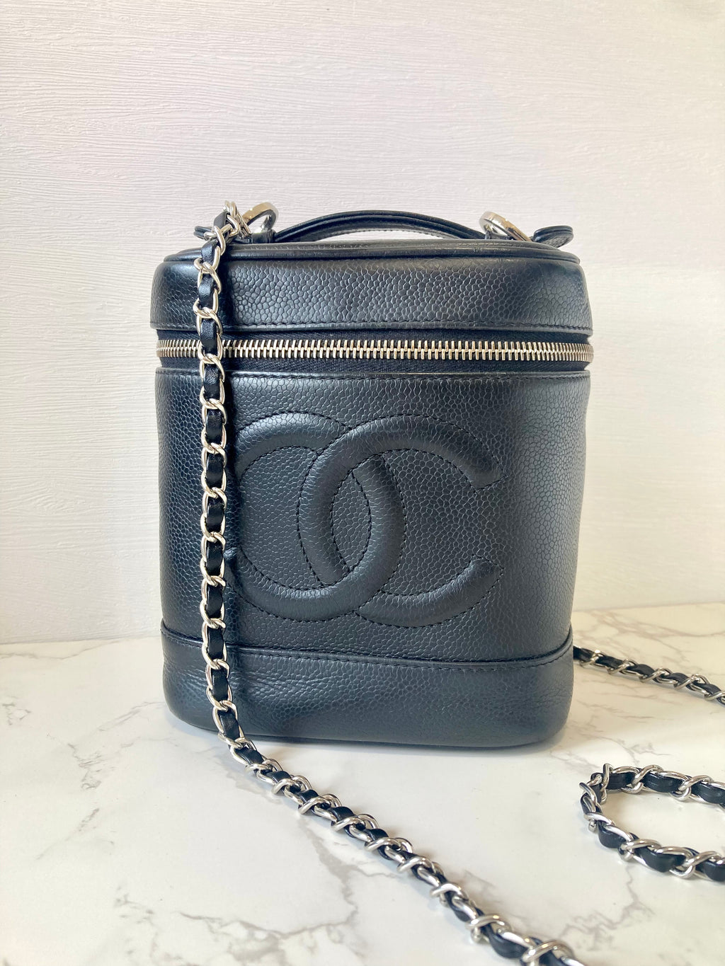 CHANEL Black Caviar Leather Vertical Vanity Case / Chain Crossbody Bag
