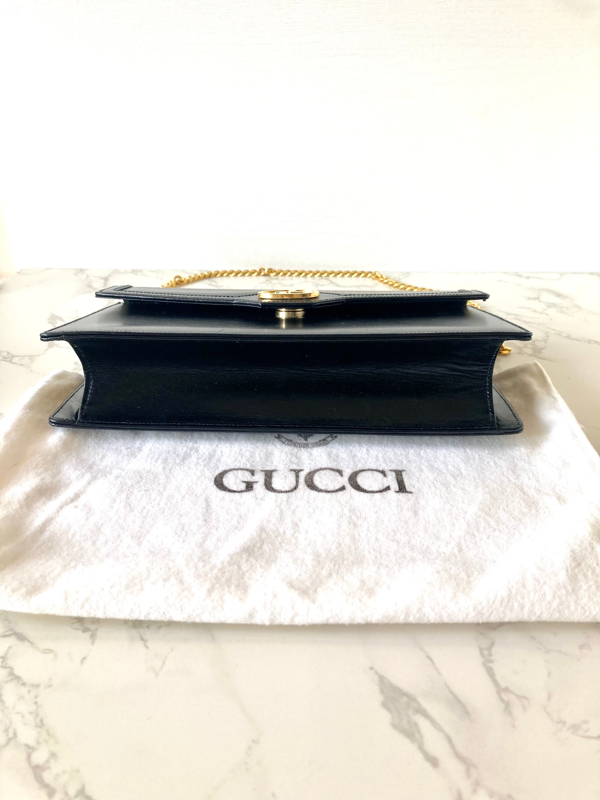 GUCCI Black x Gold Calf Leather Envelope Crossbody Chain Bag