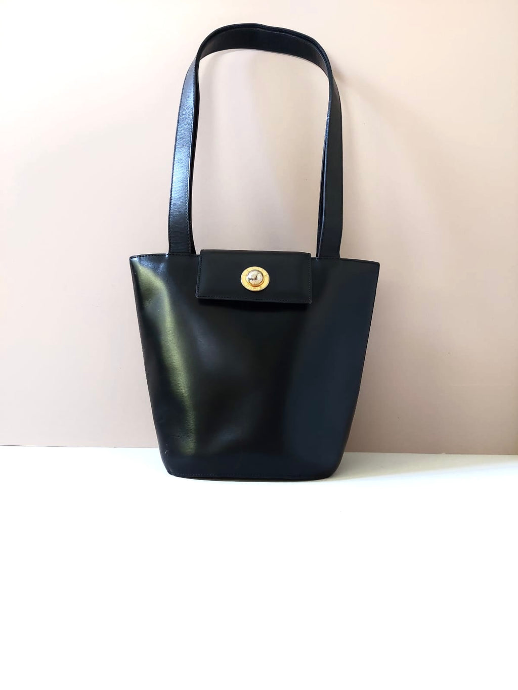 CELINE rare black and gold planet tote barrel bag / side backpack / handbag