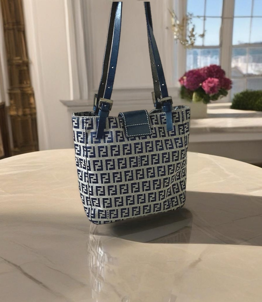 FENDI Zucchino blue and black old flower silver buckle small tote bag / underarm bag / side backpack