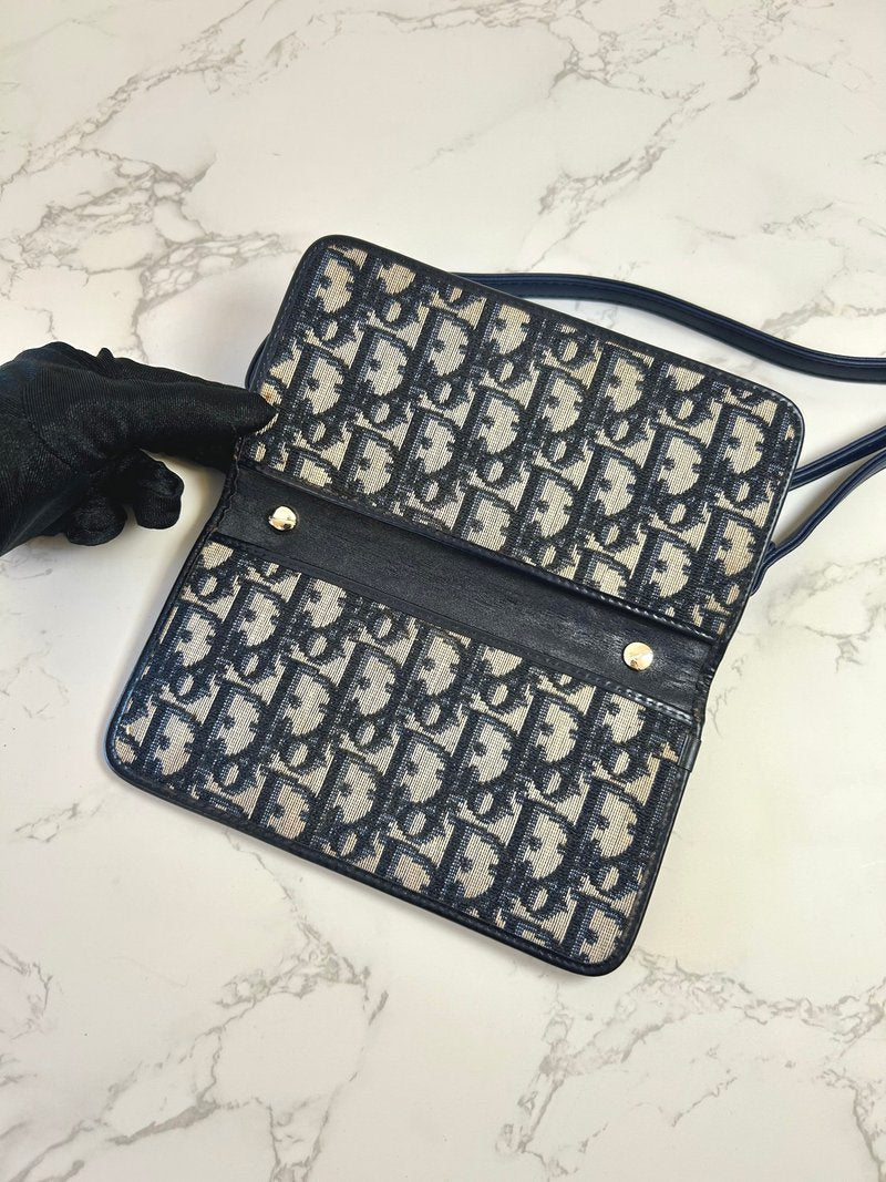 CHRISTIAN DIOR 深藍色Trotter老花WOC/側背包/斜背包/長錢包